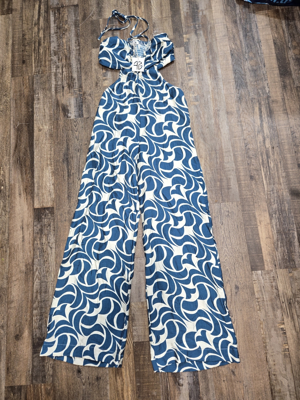 Navy & White Halter Cutout Wide-Leg Jumpsuit